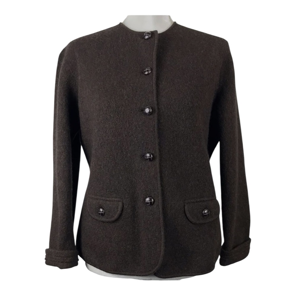 LANDS’ END Women's Brown 100% Wool Collarless Button Front Blazer Sweater, SZ 10